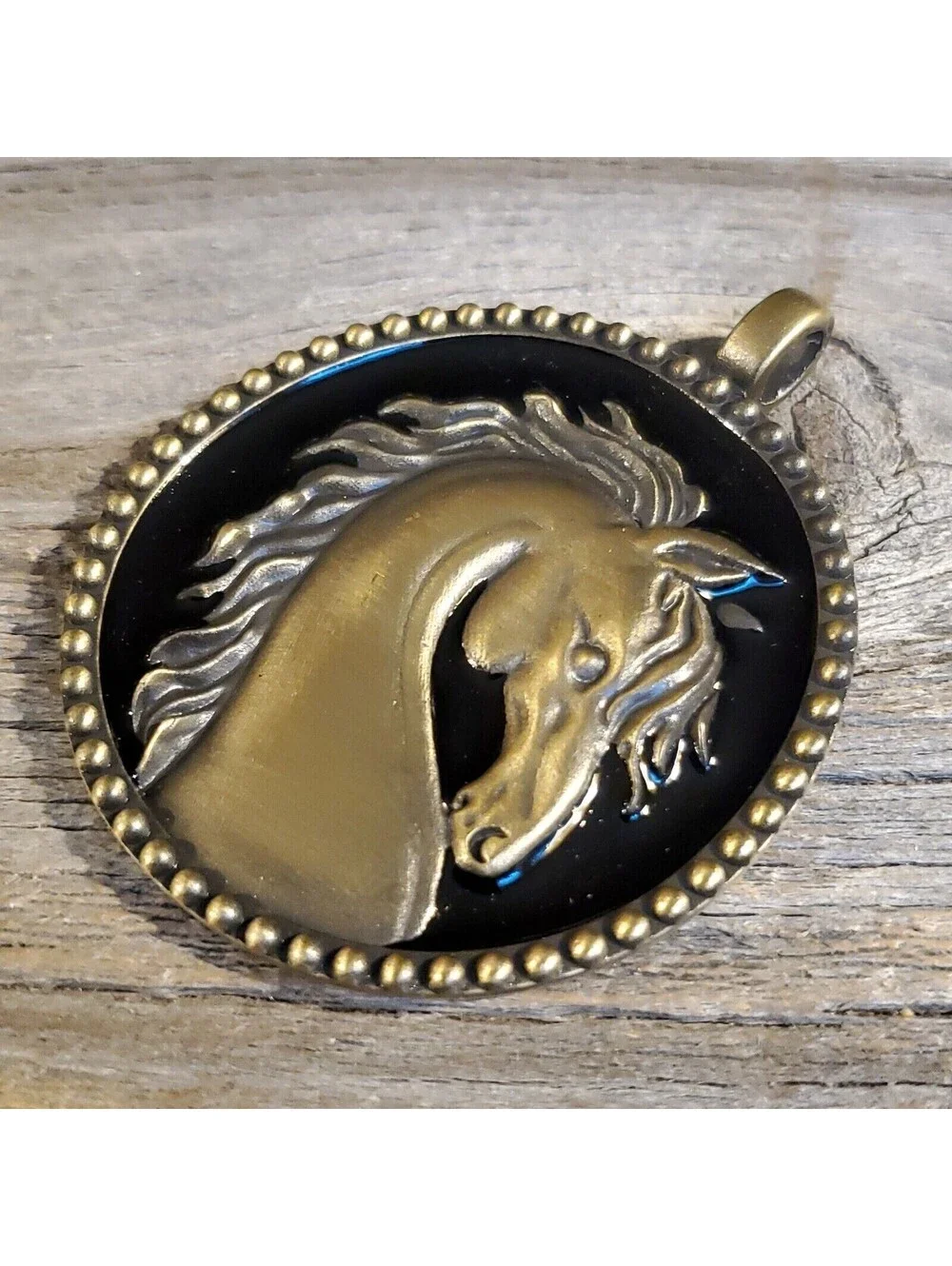 Wild Horse Long Mane Brushed Bronze Black Enamel 67mm Oval Statement Pendant